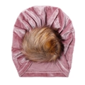 Rosa Samt Baby Turban Mütze mit einem großen flauschigen braunen Kunstpelz Bommel - Lotusrosa (SS70-36)