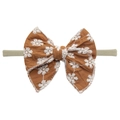 Caramel baby bow headband with white daisy embroidery and soft beige nylon elastic band - Caramel Daisy Embroidery (EE143-5)