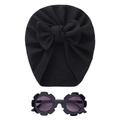 Schwarze Kinder Waffelstrick Mütze mit Schleife und floraler Sonnenbrille Set - Schwarz