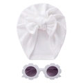 Weißes Baby Turban Set mit großer Schleife und passender Blumen Sonnenbrille - Weiß