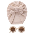 Beiges Baby-Turban-Set mit Schleife und passender Sonnenblume-Sonnenbrille - Beige
