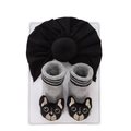 Infant set featuring black knotted turban hat and grey socks with dog embroidery - Black Knot Turban And Frenchie Socks Combination (DP197-1)