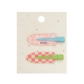 Lot de deux barrettes à cheveux en résine rose marbrée et damier sur carte blanche - Texture Rose et Carreaux Rose Blanc (PP229-5)