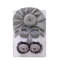 Gray knitted baby turban hat and 3D lion head socks set on white card display - Gray Knot Hat And Lion Socks Combination (DP197-9)