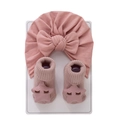 Pink cotton baby turban hat and matching star socks set with cute embroidery detail - One Size / Pink Star (DP196-16)