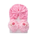Newborn pink cotton knit set featuring a large bow beanie and lace floral trim socks - Pink (DP206-14)
