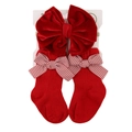 Infant red velvet bow headband and matching knit socks set for festive celebrations - Grid Pattern (DP219-2)