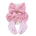 Ensemble bandeau bébé rose en maille gaufre et chaussettes à nœuds sur carton - Taille unique / Rose (DP200-14)