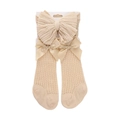Conjunto beige de diadema con lazo y calcetines altos de algodón calado para bebé - Beige