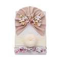 Set de 3 piezas de turbante y diadema para bebé con lazo floral rosa y nudo donut - Combinación Rosa Carne (DP205-2)