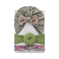 Conjunto de 3 piezas de gorro y diadema para bebé con estampado de donut y lazos de flores - Combinación Gris Verdoso (DP205-3)