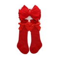 Conjunto rojo de diadema y calcetines para bebé con lazo doble y diseño de malla calada - Rojo