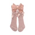 Pink baby headwrap and knee-high socks set with large bows and eyelet knit design - Lotus root pink