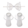 White infant baby headwrap and sock set with elegant lace bows and embroidery - No Packaging Style (DP229)