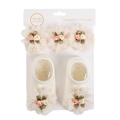 Set de diadema y calcetines para bebé con tres flores de gasa crema de 0-2 años - Conjunto Floral de Gasa (DP230) / Crema