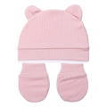 Conjunto de algodón orgánico rosa para recién nacido con gorro de oso y manoplas - Rosa