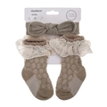 Baby katoenen wafelgebreide sokken en geknoopte hoofdband set met kant in Morandi groen - Groen