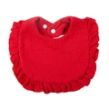 Bright red cotton muslin baby bib with sweet ruffled edges and adjustable snap closure - Red