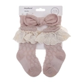 Pink cotton baby headband and lace socks set for infants aged 0 to 12 months - Pink