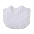 White cotton muslin baby bib with ruffled lace edges and adjustable snap button closures - White