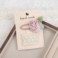 Pink satin rose hair clip and cream lace floral hairpin set on display card - Pink (PP266-14)