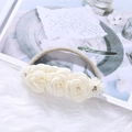 Cream vintage floral baby headband with silk roses and rhinestones on soft nylon band - Beige Satin Rose Style (HH205-6)
