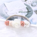 Infant headband with white roses and pearls on soft beige high-elastic nylon band - Pink Orange and White Rose Style (HH205-8)