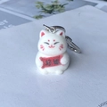 Cute white flocked lucky cat keychain with red Good Luck scroll and silver metal ring - Good Luck Cat