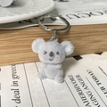 Close-up of cute grey flocked koala keychain with pink cheeks on vintage book pages - Squinting Style