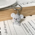 Close-up of cute grey flocked koala keychain with green leaf detail and silver ring - With Leaf Style