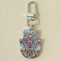 Ethnic Hamsa Hand keychain featuring colorful mandala patterns and silver metal clasp - Green Beads Colorful Print Hand