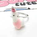 Detailed macro view of cute white flocked alpaca keychain with pink hat and vest accessory - Pink Clothes Alpaca