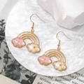 Rainbow and cloud drop earrings with white dried flowers in golden metal frame - White and Pink Flower Rainbow