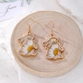 Cute gold rabbit-shaped earrings featuring white daisy dried flowers in resin charms - White Daisy Rabbit