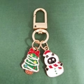 Christmas panda snowman and green tree keychain in golden alloy with enamel finish - Bow Christmas Tree and Snowman Black Cat