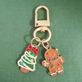 Christmas alloy keychain with green Christmas tree and gingerbread man enamel charms - Bow Christmas Tree and Gingerbread Man