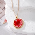 Irregular gold resin necklace with a real red dried flower and vintage boho style chain - Red Daisy / Red