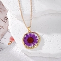 Bohemian transparent resin necklace with purple dried flower in gold irregular frame - Purple Daisy Flower / Purple