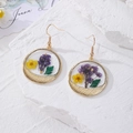 Floral stainless steel earrings with real purple and yellow dried flowers in gold frames - Purple and Green Flower