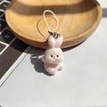 Close-up of a pink flocked rabbit keychain showing soft texture and metal ring detail - Head-touching Pink Bunny