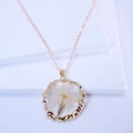 Bohemian transparent resin necklace with real white dried flower in gold circular frame - White 2