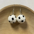 3D mini resin football earrings with black and white soccer ball design and silver ear hooks - Football