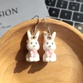 Cute white flocked rabbit earrings with pink flower charms and silver metal hooks - White Rabbit