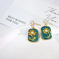 French Monet Garden floral earrings with yellow daisy, green enamel, and pearls - Dark Teal Base Yellow Daisy Style