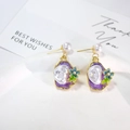 French vintage Monet garden irregular purple enamel pearl earrings with floral details - Purple Irregular Base Blue Floral Style