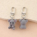 Close-up of cute grey flocked koala keychain with pink ears and silver metal clasp - Grey Plush Bear