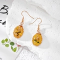 Golden wire wrapped oval resin earrings with dried flowers on a white stone background - Yellow Orange