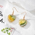 Gradient heart resin earrings with gold wire wrap and botanical details on stone - Yellow-Green