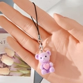 Detail of purple flocked bear charm with pink heart and metallic lobster clasp hook - MR64 Purple Bear Holding Heart