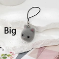 Detail of grey flocked kitten plush charm with fuzzy fur texture and black phone lanyard - Large Grey Cat Head